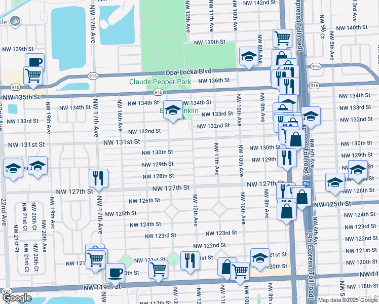 map of restaurants, bars, coffee shops, grocery stores, and more near 1240 Northwest 130th Street in North Miami