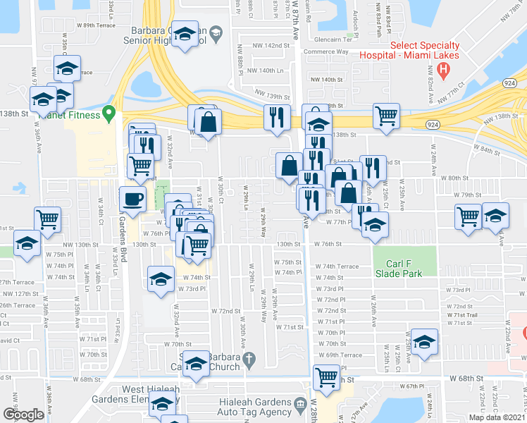 map of restaurants, bars, coffee shops, grocery stores, and more near 7777 West 29th Lane in Hialeah