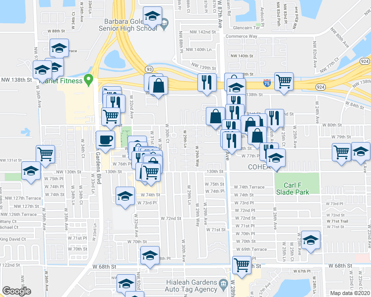 map of restaurants, bars, coffee shops, grocery stores, and more near 7777 West 29th Lane in Hialeah