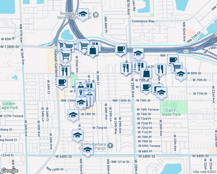 map of restaurants, bars, coffee shops, grocery stores, and more near 7777 West 29th Lane in Hialeah