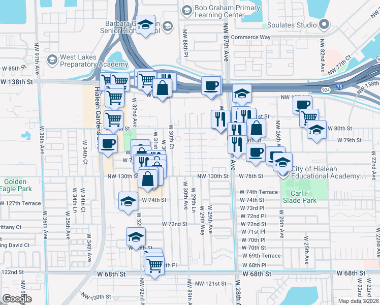 map of restaurants, bars, coffee shops, grocery stores, and more near 7643 West 29th Lane in Hialeah