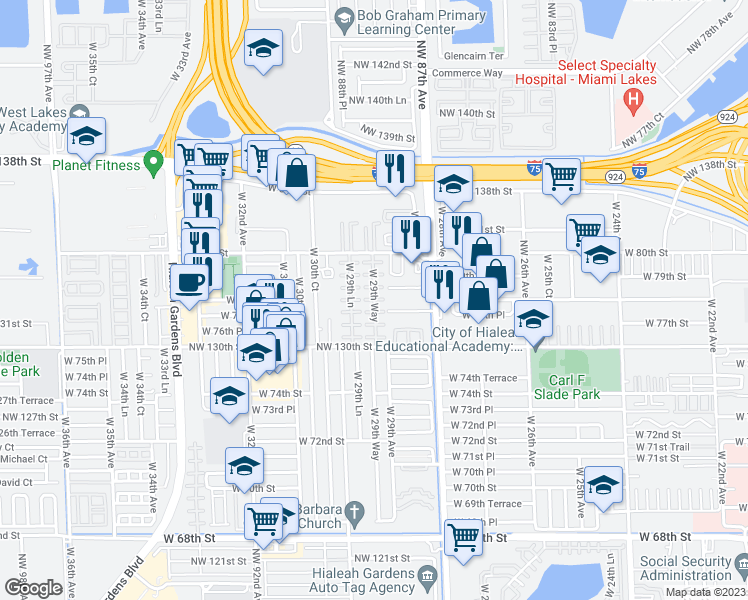 map of restaurants, bars, coffee shops, grocery stores, and more near 7650 West 29th Way in Hialeah