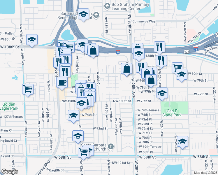 map of restaurants, bars, coffee shops, grocery stores, and more near 7991 West 29th Lane in Hialeah