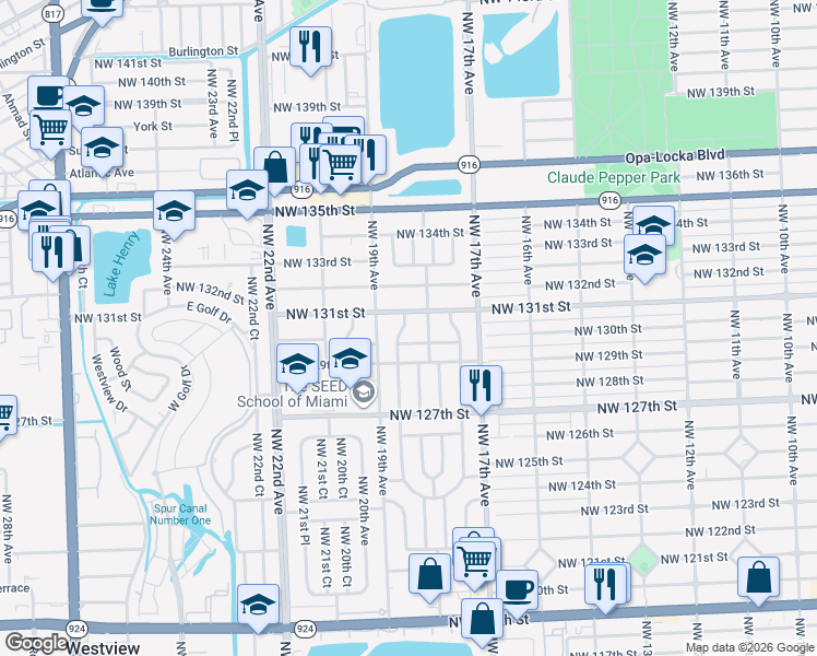 map of restaurants, bars, coffee shops, grocery stores, and more near 12950 Northwest 18th Court in Miami