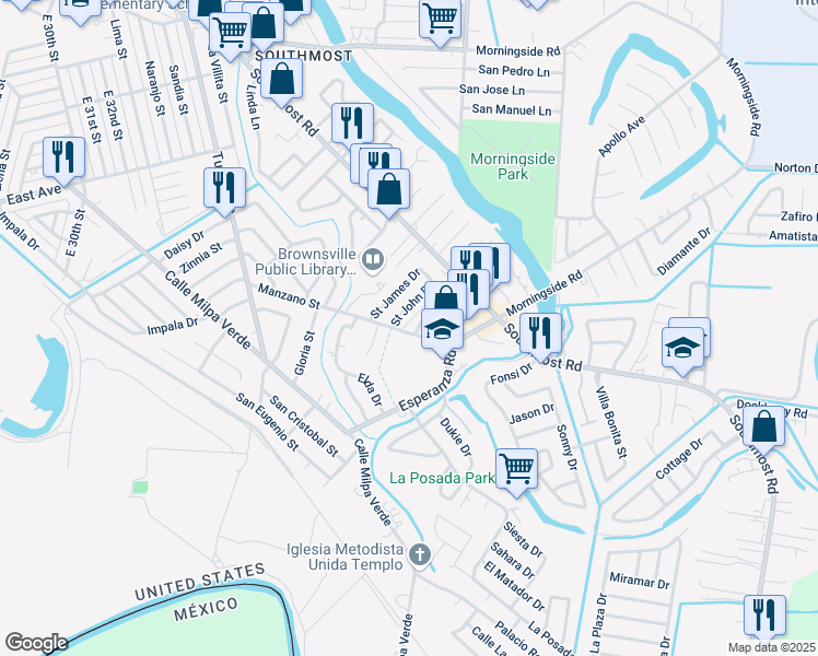 map of restaurants, bars, coffee shops, grocery stores, and more near 537-595 Manzano Street in Brownsville