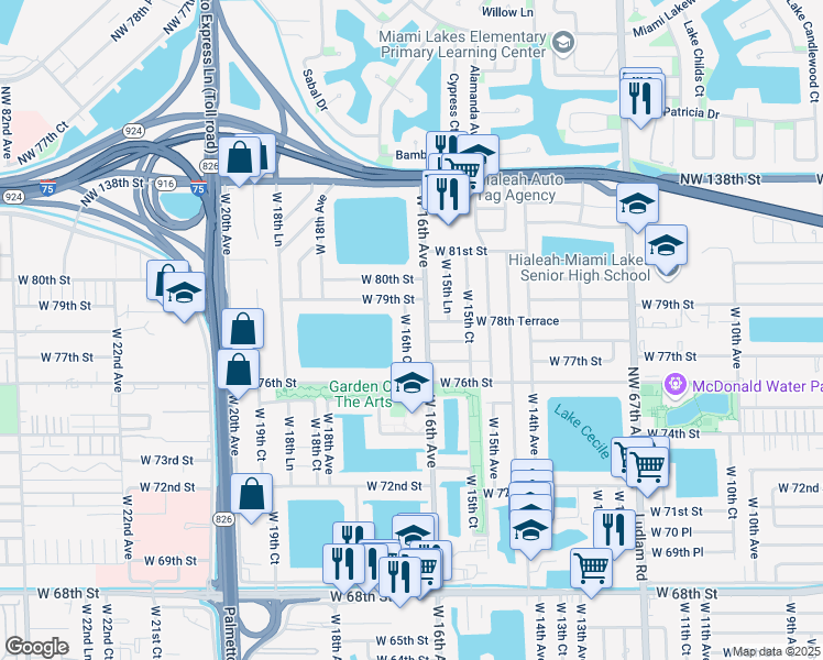 map of restaurants, bars, coffee shops, grocery stores, and more near 1597 West 78th Street in Hialeah