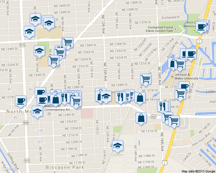 map of restaurants, bars, coffee shops, grocery stores, and more near 1239 Northeast 127th Street in North Miami