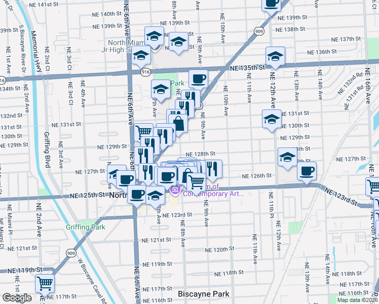 map of restaurants, bars, coffee shops, grocery stores, and more near 800 Northeast 128th Street in North Miami