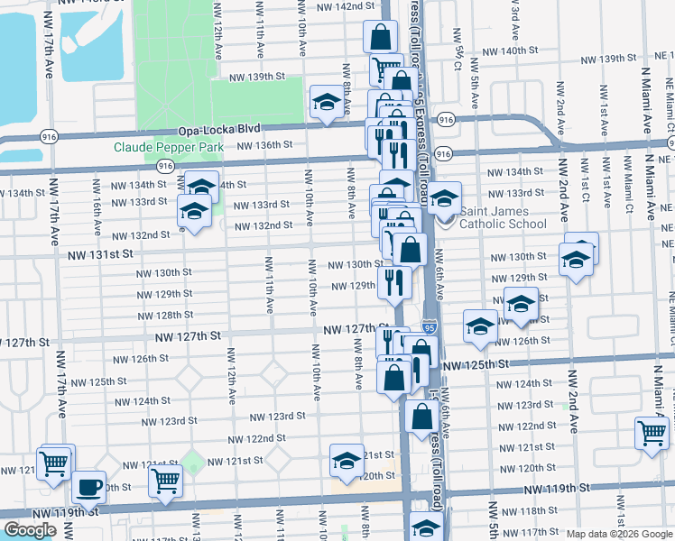 map of restaurants, bars, coffee shops, grocery stores, and more near 855 Northwest 129th Street in North Miami