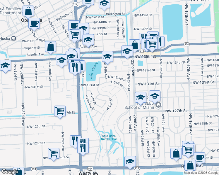 map of restaurants, bars, coffee shops, grocery stores, and more near 12601-12899 West Golf Drive in Miami