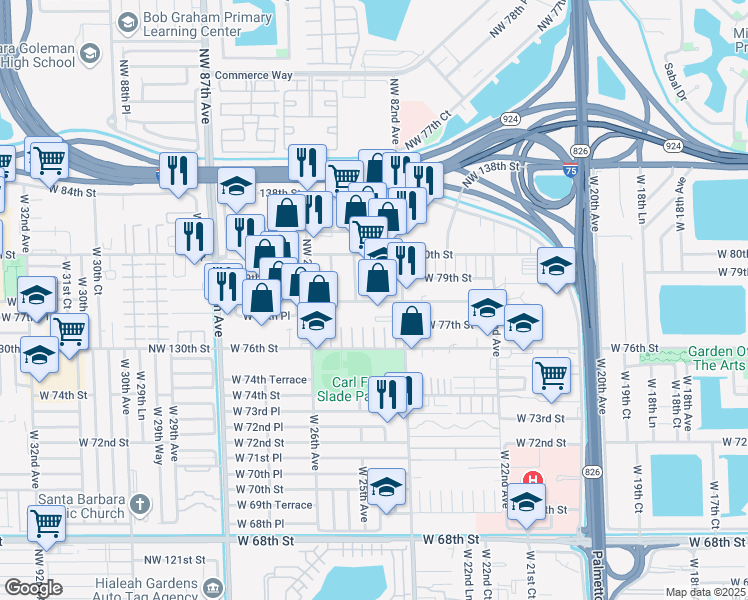 map of restaurants, bars, coffee shops, grocery stores, and more near 2510 West 78th Street in Hialeah