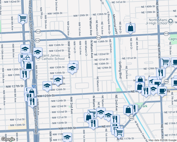 map of restaurants, bars, coffee shops, grocery stores, and more near 12800 North Miami Avenue in Miami