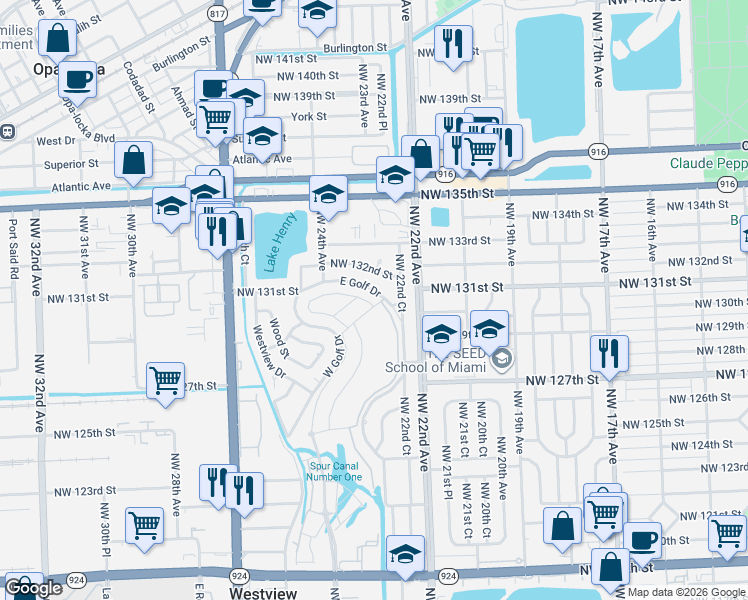 map of restaurants, bars, coffee shops, grocery stores, and more near 13030 Northwest 22nd Court in Miami