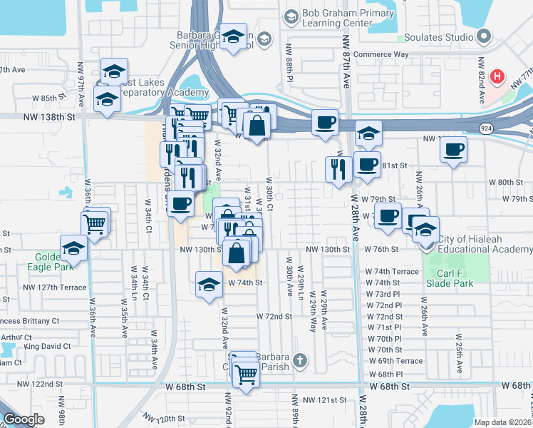 map of restaurants, bars, coffee shops, grocery stores, and more near 7746 West 30th Lane in Hialeah