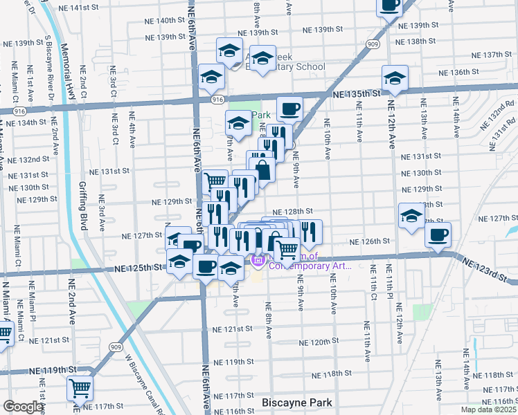 map of restaurants, bars, coffee shops, grocery stores, and more near 800 Northeast 128th Street in North Miami