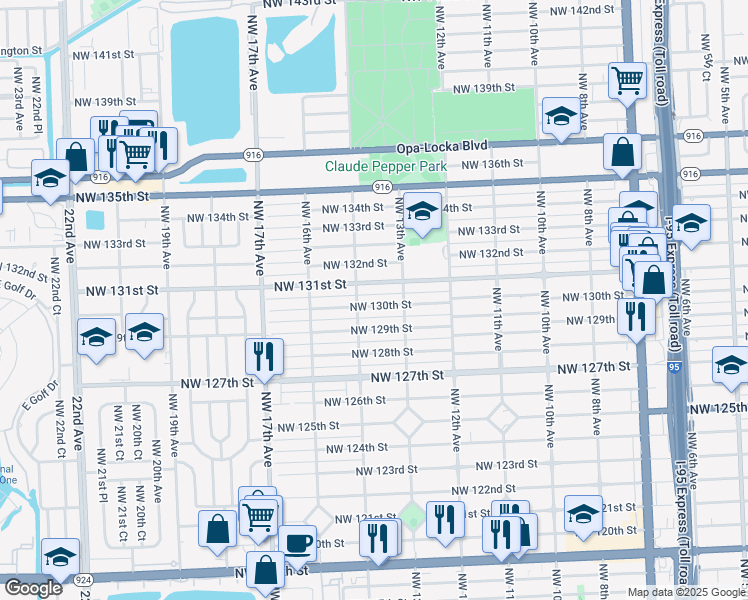 map of restaurants, bars, coffee shops, grocery stores, and more near 1380 Northwest 130th Street in Miami