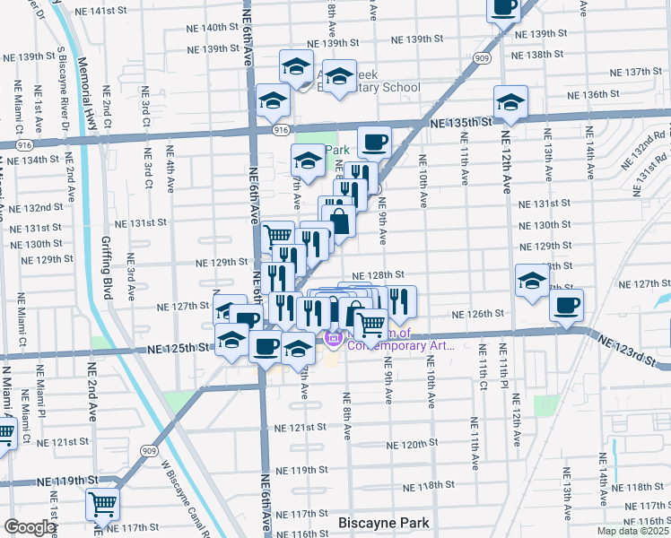 map of restaurants, bars, coffee shops, grocery stores, and more near 800 Northeast 128th Street in North Miami