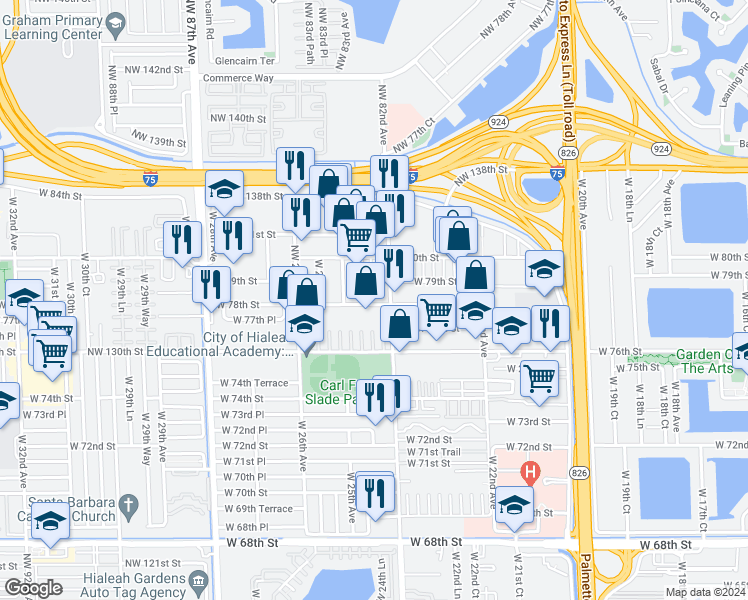map of restaurants, bars, coffee shops, grocery stores, and more near 2416 West 78th Street in Hialeah