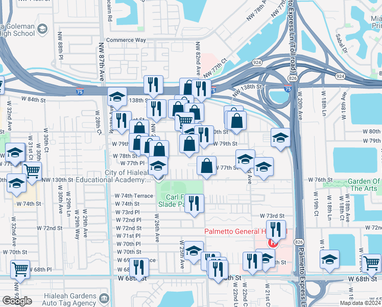 map of restaurants, bars, coffee shops, grocery stores, and more near 2416 West 78th Street in Hialeah
