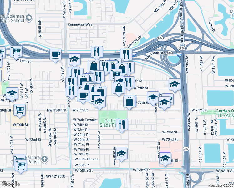 map of restaurants, bars, coffee shops, grocery stores, and more near 2510 West 78th Street in Hialeah