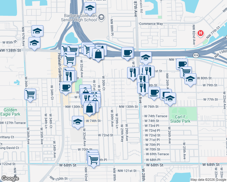map of restaurants, bars, coffee shops, grocery stores, and more near 7755 West 30th Court in Hialeah