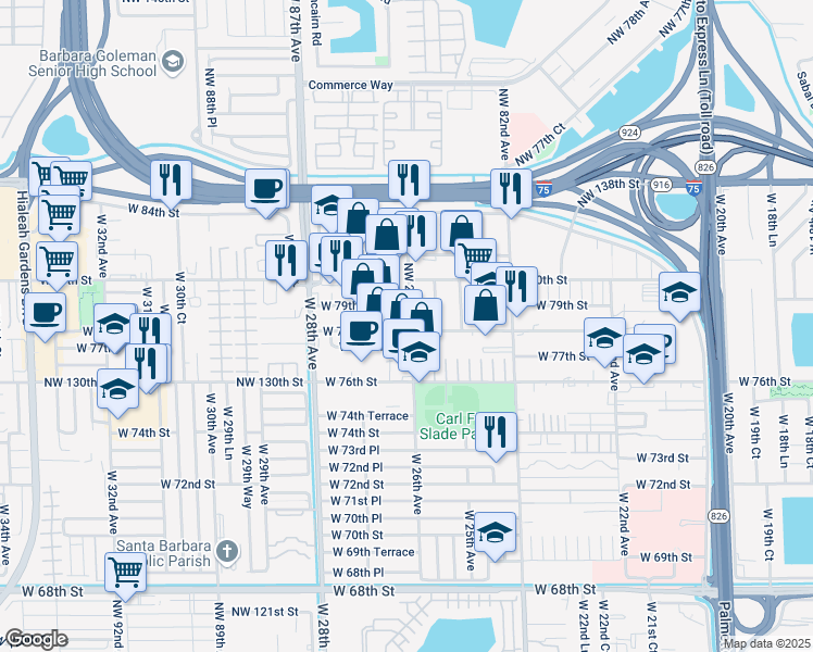 map of restaurants, bars, coffee shops, grocery stores, and more near 2636 West 78th Street in Hialeah
