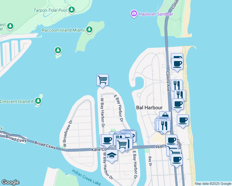 map of restaurants, bars, coffee shops, grocery stores, and more near 10281 East Bay Harbor Drive in Bay Harbor Islands