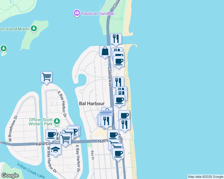 map of restaurants, bars, coffee shops, grocery stores, and more near 10170 Collins Avenue in Bal Harbour
