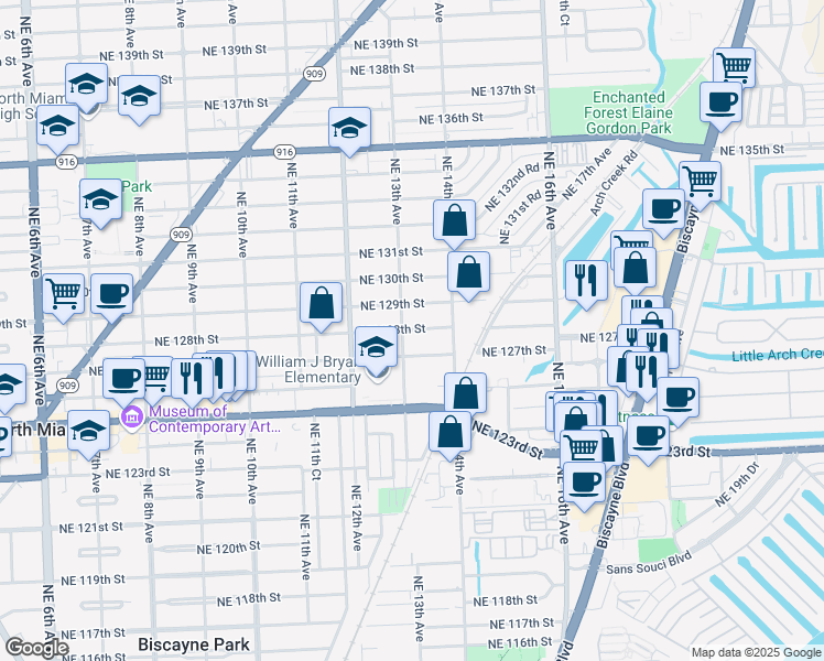map of restaurants, bars, coffee shops, grocery stores, and more near 1315 Northeast 127th Street in North Miami