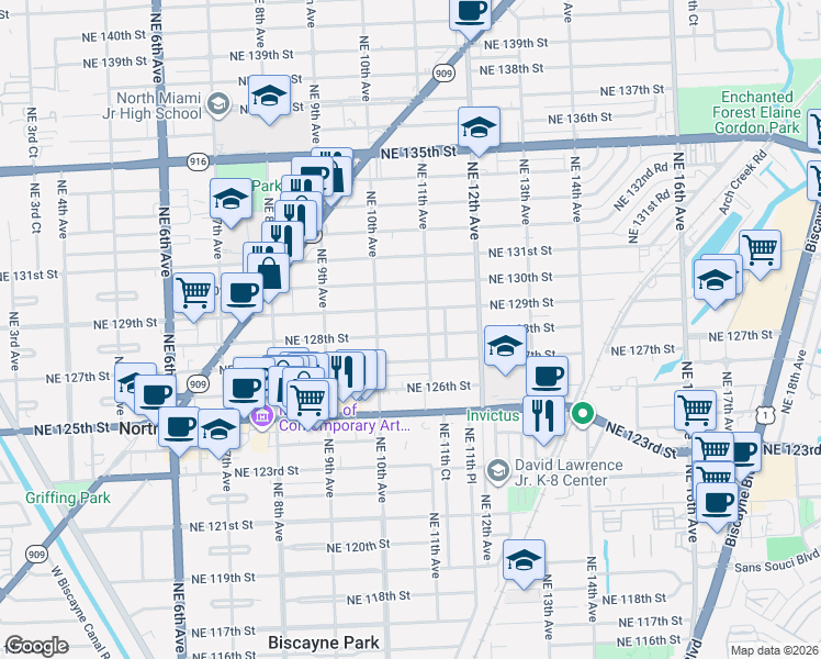map of restaurants, bars, coffee shops, grocery stores, and more near 12760 Northeast 11th Avenue in North Miami