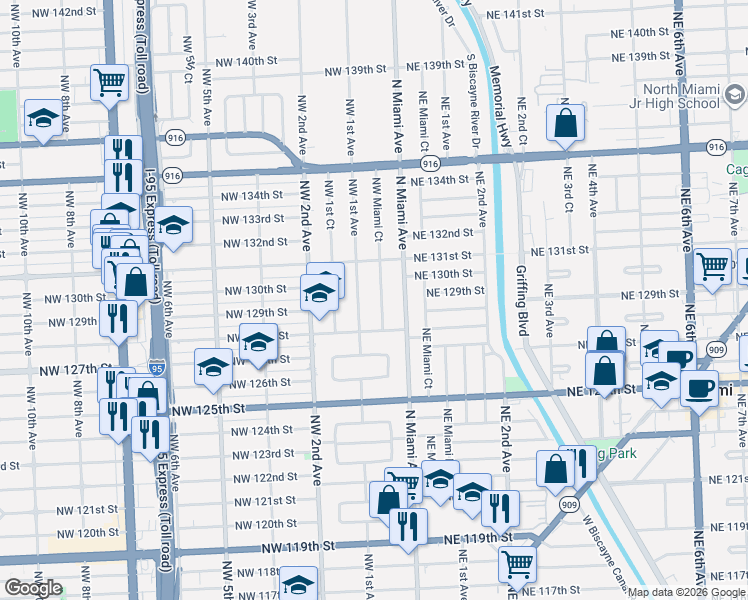 map of restaurants, bars, coffee shops, grocery stores, and more near 12835 Northwest 1st Avenue in Miami