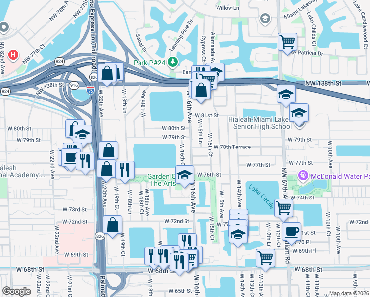 map of restaurants, bars, coffee shops, grocery stores, and more near 1597 West 78th Street in Hialeah
