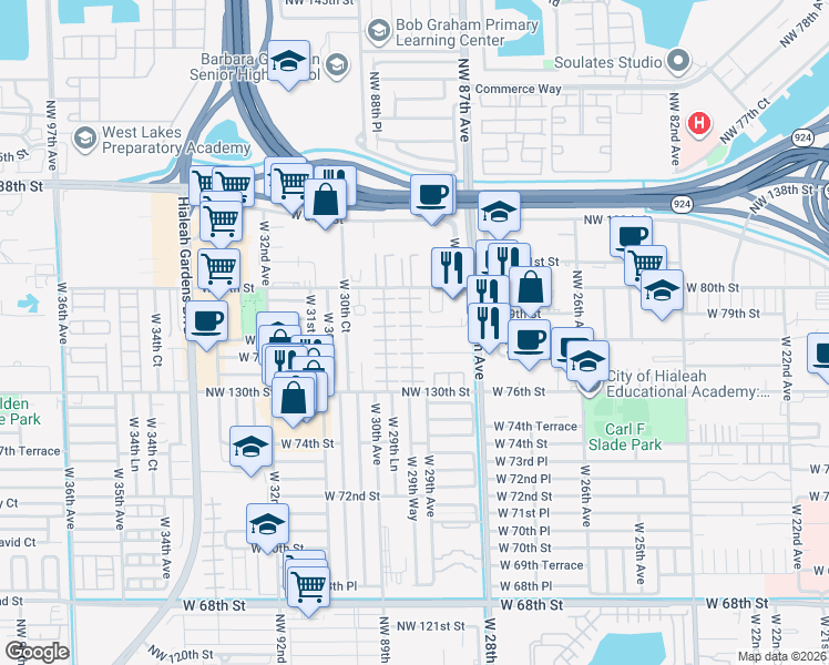 map of restaurants, bars, coffee shops, grocery stores, and more near 7777 West 29th Lane in Hialeah