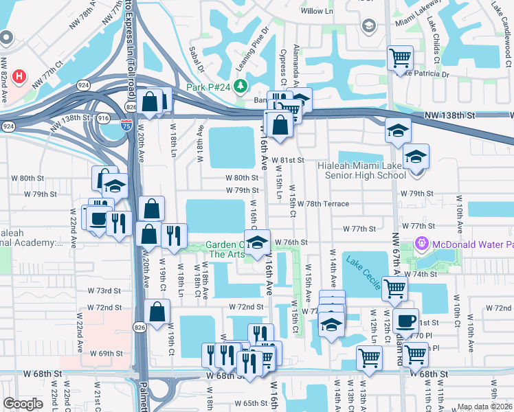 map of restaurants, bars, coffee shops, grocery stores, and more near 1597 West 78th Street in Hialeah