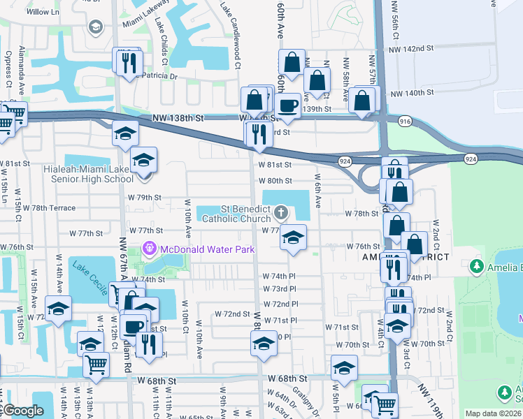 map of restaurants, bars, coffee shops, grocery stores, and more near 7725 West 8th Avenue in Hialeah