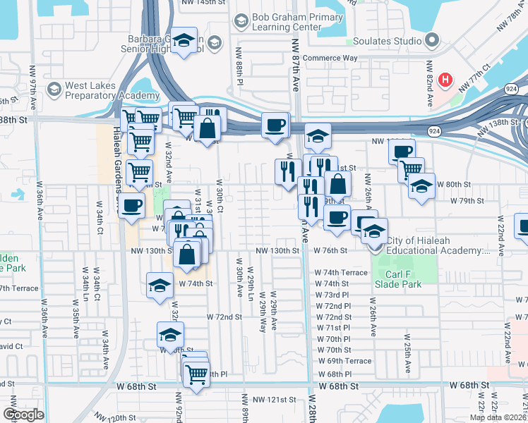 map of restaurants, bars, coffee shops, grocery stores, and more near 7777 West 29th Lane in Hialeah