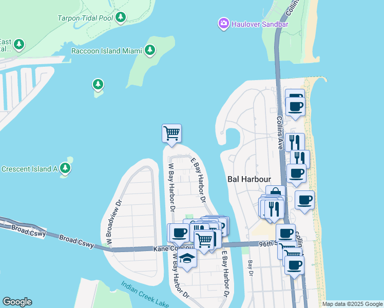 map of restaurants, bars, coffee shops, grocery stores, and more near 10261 East Bay Harbor Drive in Bay Harbor Islands