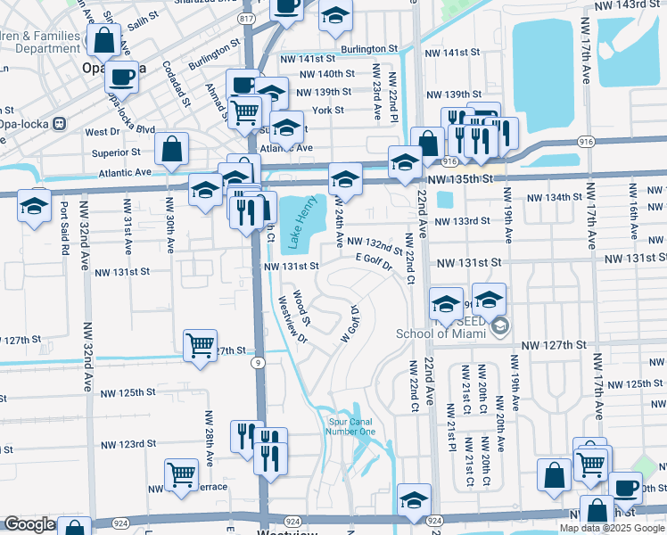 map of restaurants, bars, coffee shops, grocery stores, and more near 12601-12899 West Golf Drive in Miami