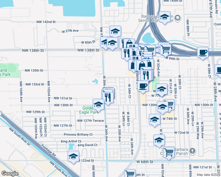 map of restaurants, bars, coffee shops, grocery stores, and more near 7757 West 97th Street in Hialeah