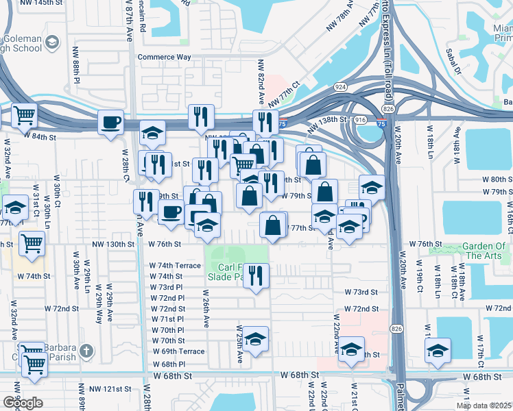 map of restaurants, bars, coffee shops, grocery stores, and more near 2416 West 78th Street in Hialeah
