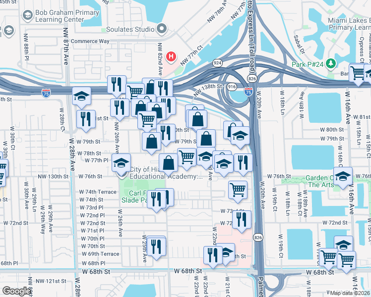 map of restaurants, bars, coffee shops, grocery stores, and more near 2294 West 78th Street in Hialeah