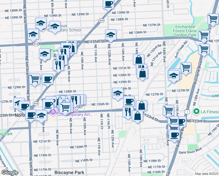 map of restaurants, bars, coffee shops, grocery stores, and more near 1185 Northeast 127th Street in North Miami