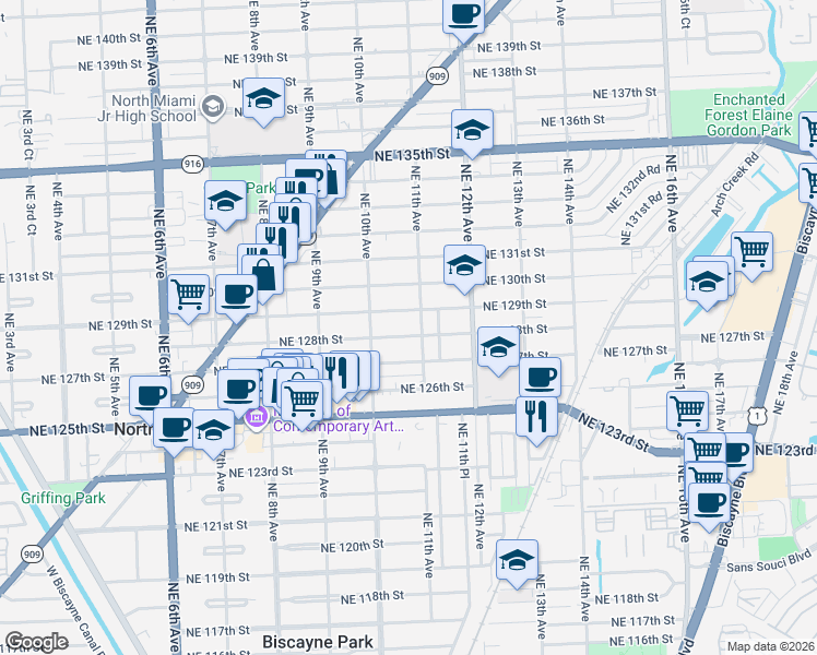map of restaurants, bars, coffee shops, grocery stores, and more near 12760 Northeast 11th Avenue in North Miami