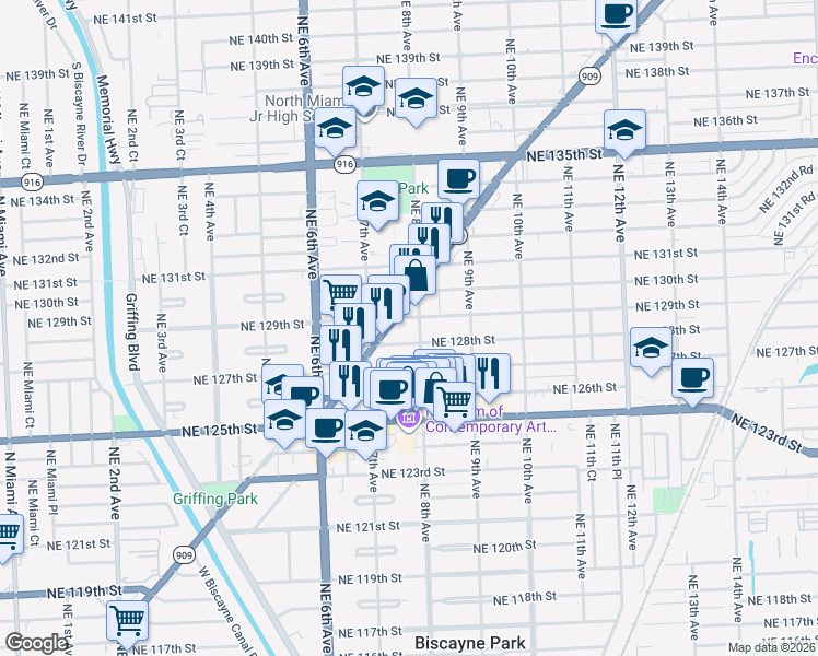 map of restaurants, bars, coffee shops, grocery stores, and more near 800 Northeast 128th Street in North Miami