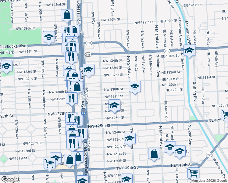 map of restaurants, bars, coffee shops, grocery stores, and more near 400 Northwest 129th Street in North Miami