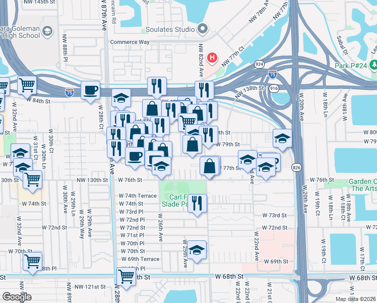 map of restaurants, bars, coffee shops, grocery stores, and more near 2510 West 78th Street in Hialeah
