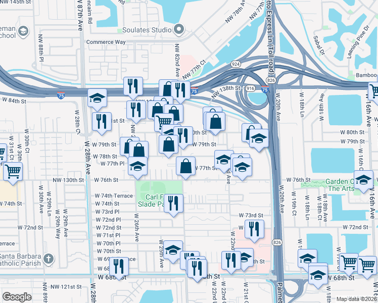 map of restaurants, bars, coffee shops, grocery stores, and more near 2366 West 78th Street in Hialeah