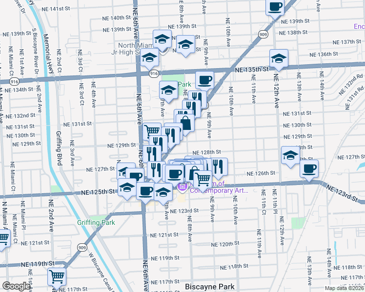 map of restaurants, bars, coffee shops, grocery stores, and more near 800 Northeast 128th Street in North Miami