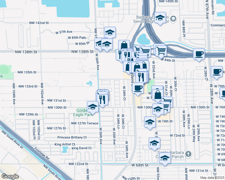 map of restaurants, bars, coffee shops, grocery stores, and more near 7900 West 34th Lane in Hialeah
