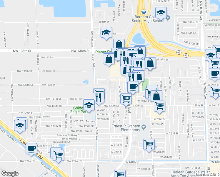map of restaurants, bars, coffee shops, grocery stores, and more near 9852 West 34th Lane in Hialeah